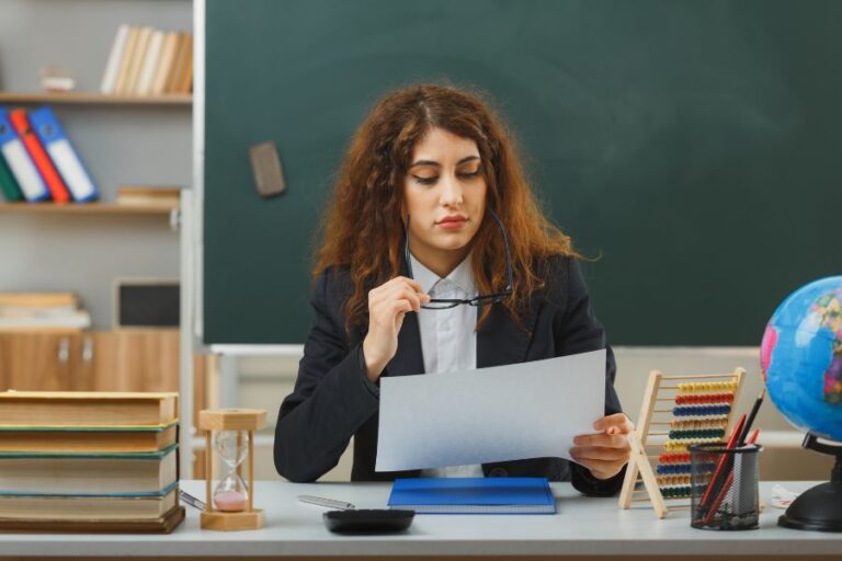 Teacher reviewing lesson plans at her desk, symbolizing how educators adapt teaching strategies during snow days.