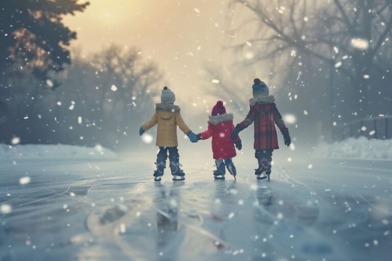Three children holding hands on a snowy day, symbolizing the science and community impact of snow day predictions.